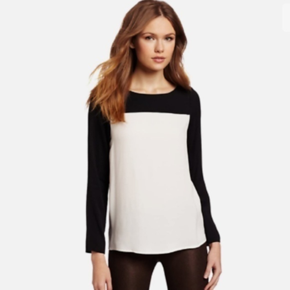JOIE CAVIAR BLACK PORCELAIN WHITE COLOR BLOCK LONG SLEEVE BLOUSE S
